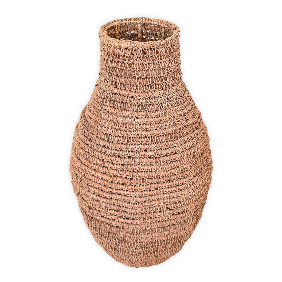 Boho-Vase „Sakra“ – Handgewebte Bodenvase aus Bananenfaser & Bast