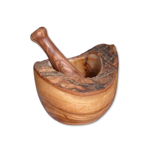 Rustikaler Mörser aus Olivenholz – Ø ca. 12 cm, inkl. Stößel