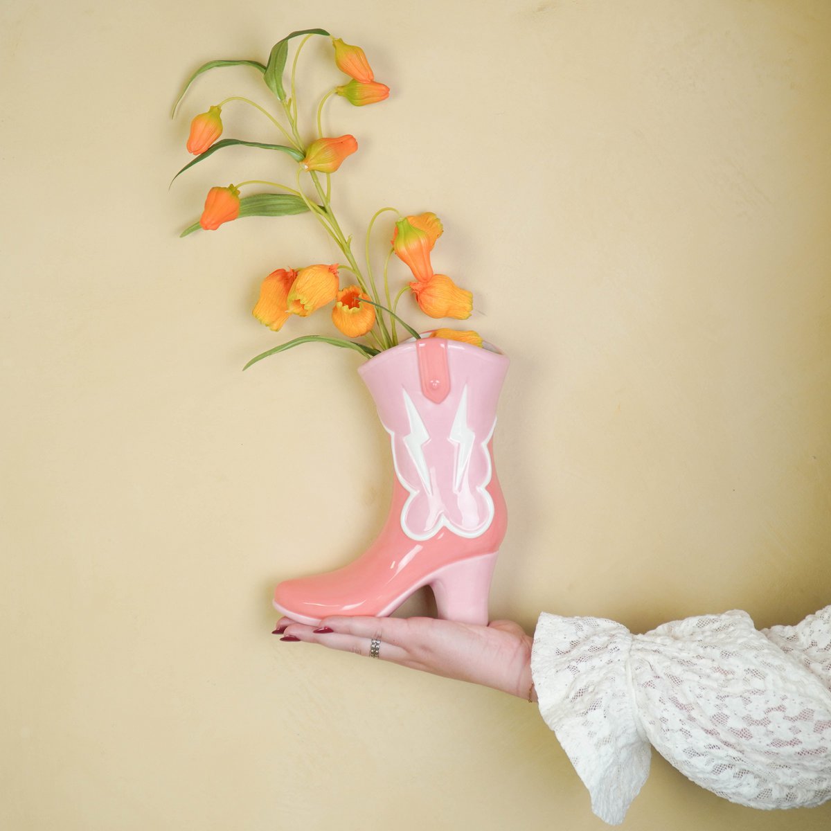 Boot Vase Pink / Orange – Keramikvase in Stiefelform