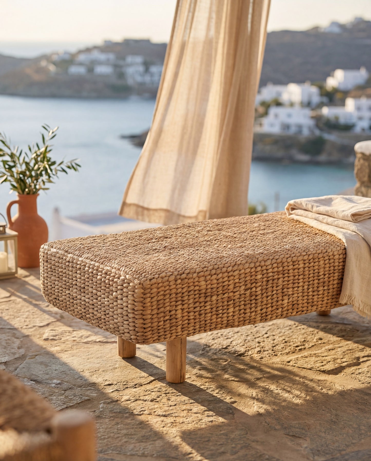 Wasserhyazinthenbank – Handgefertigte Sitzbank aus Naturfasern & Holz