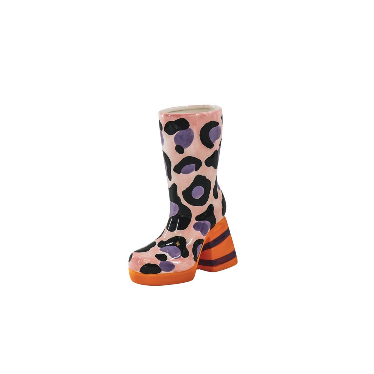 Stiefelvase Leopard Pink / Orange – Keramikvase in Stiefelform mit Leopardenmuster