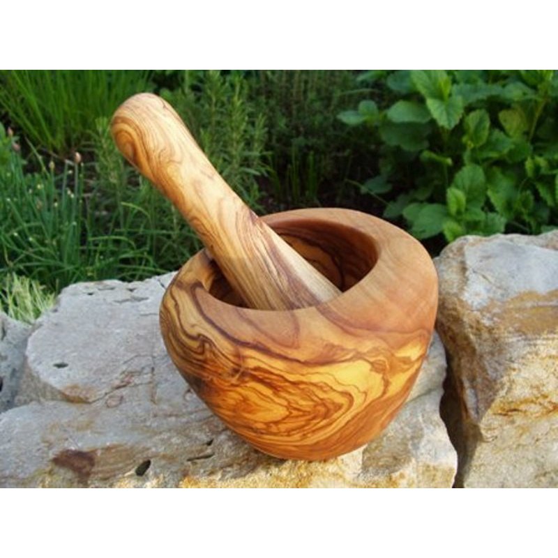 Runder Mörser aus Olivenholz – Ø ca. 12 cm, inkl. Stößel