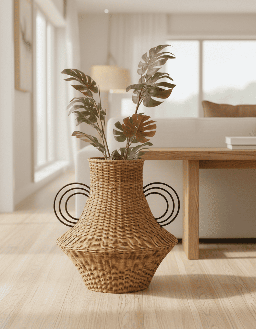 ANKASCHU | Rattan & Eisen | Dekorative Vase „Fabiola“ – Hellbraun