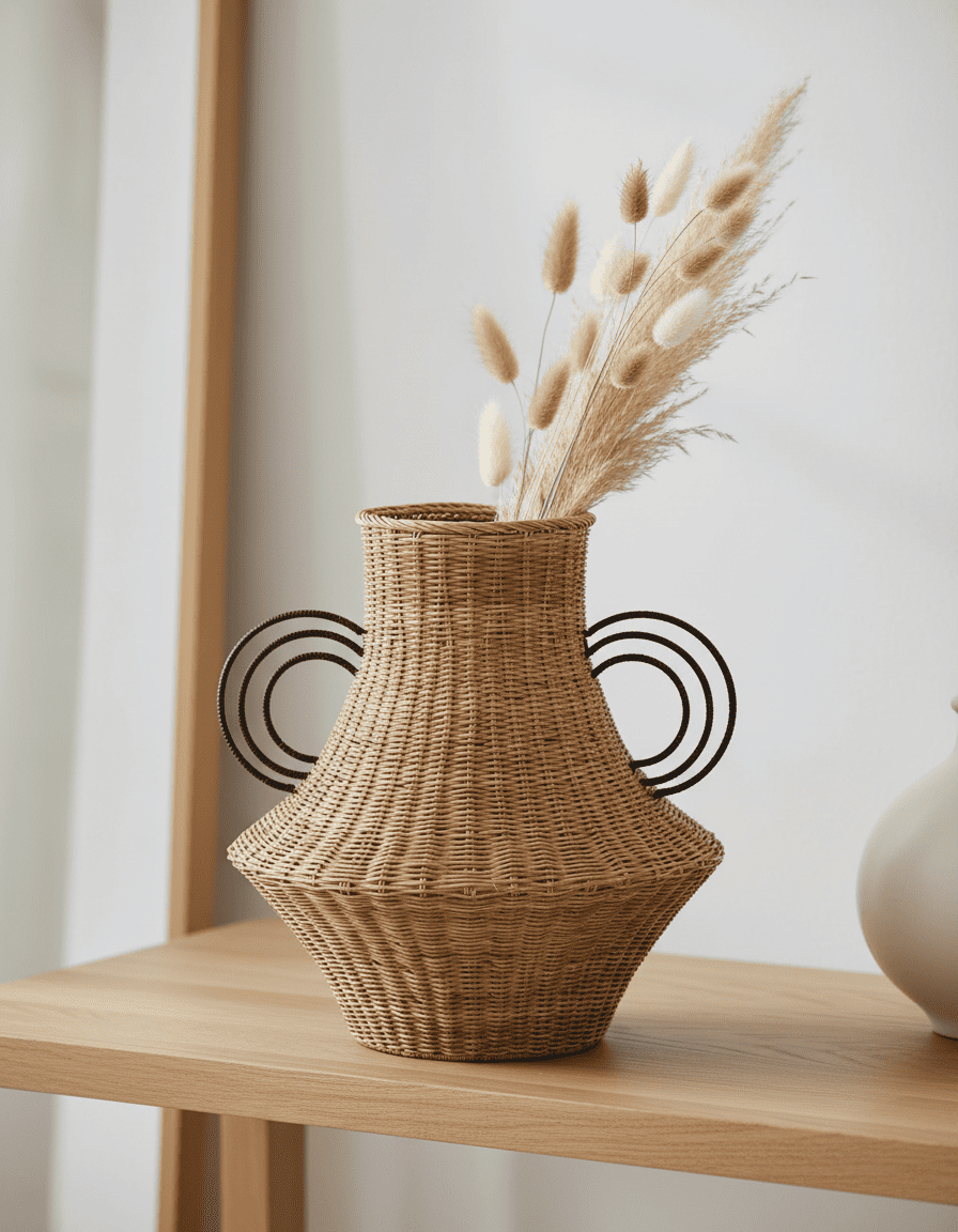 ANKASCHU | Rattan & Eisen | Dekorative Vase „Fabiola“ – Hellbraun