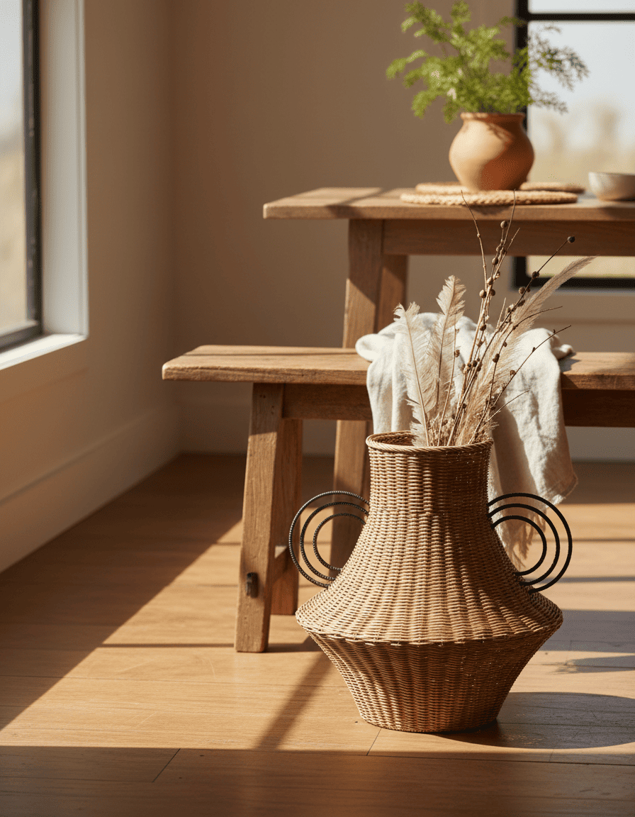 ANKASCHU | Rattan & Eisen | Dekorative Vase „Fabiola“ – Hellbraun