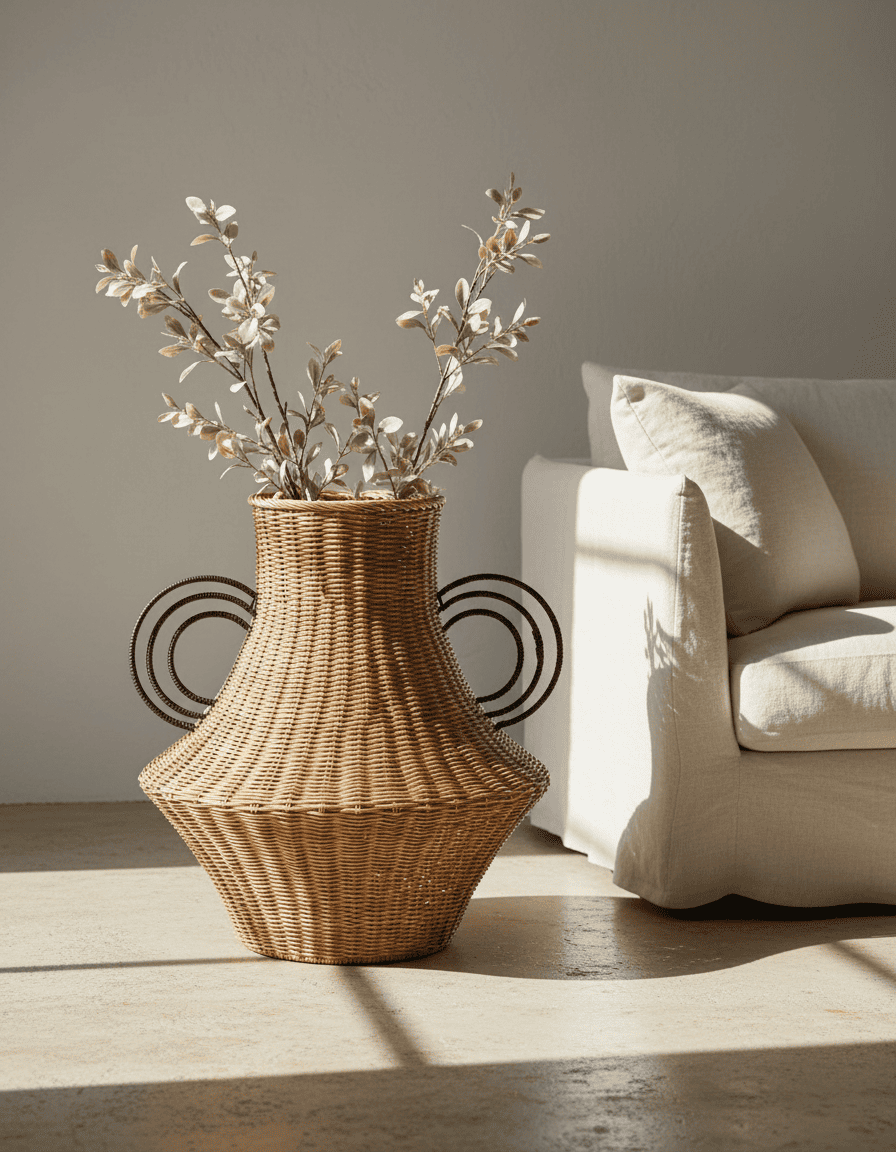 ANKASCHU | Rattan & Eisen | Dekorative Vase „Fabiola“ – Hellbraun