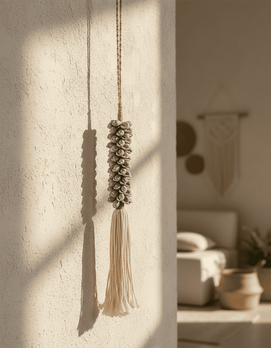 ANKASCHU | Muscheln & Baumwolle | Wanddeko „Muschelquaste“ – Grau