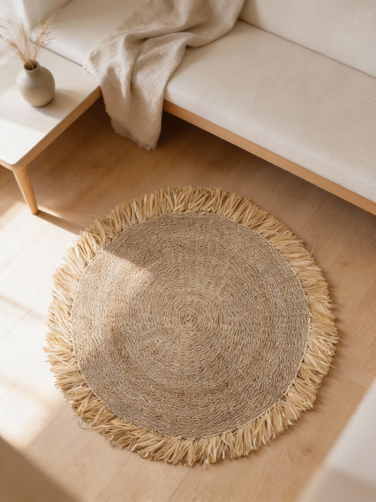 ANKASCHU | Seegras | Teppich „Dasa“ – Rund mit Fransen