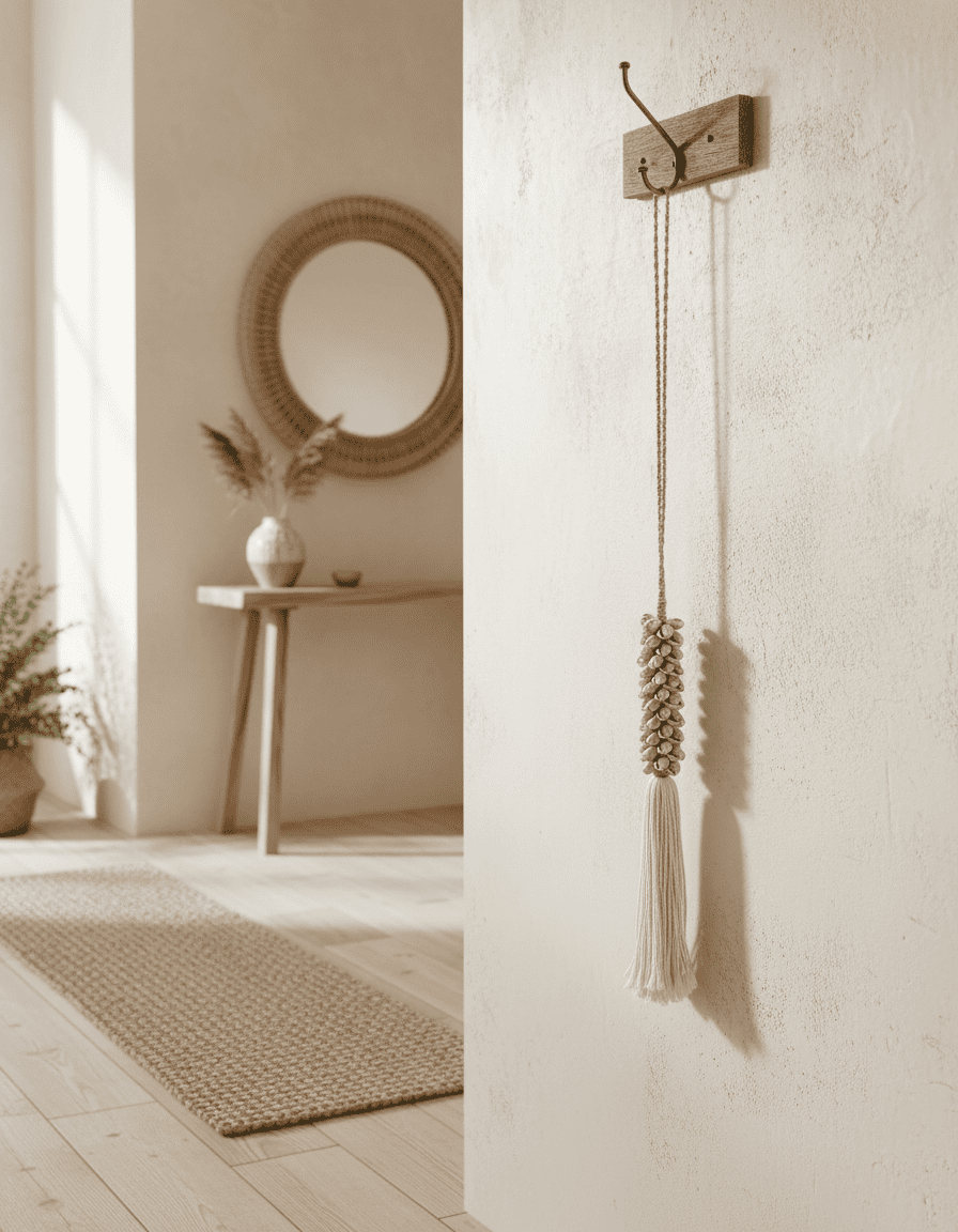 ANKASCHU | Muscheln & Baumwolle | Wanddeko „Muschelquaste“ – Grau