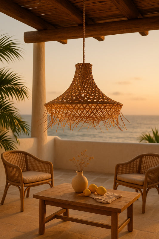 Mykonos Rattan-Hängeleuchte – Handgefertigter Boho-Anhänger aus Naturmaterial (Größe M)